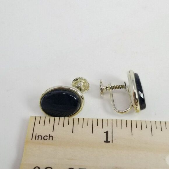 Vintage Longcraft Black Oval Clip On Earrings, Silver Tone Setting, Screw Backs - Picture 6 of 7